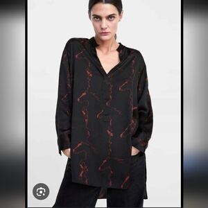 Zara Horse Privy Silk-like Long Tunic W V Neckline and Splits On Edge Sz S